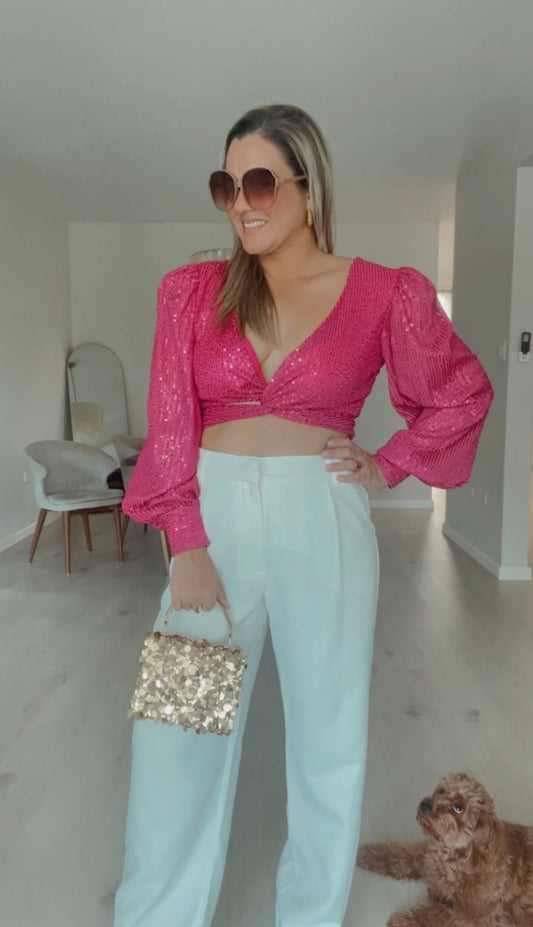 Pink Long Sleeves Sequin Top