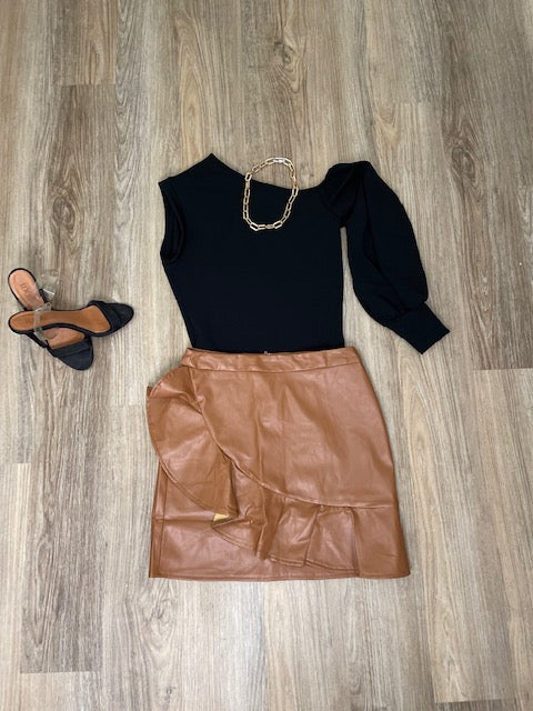 Camel Ruffle Leather Skirt