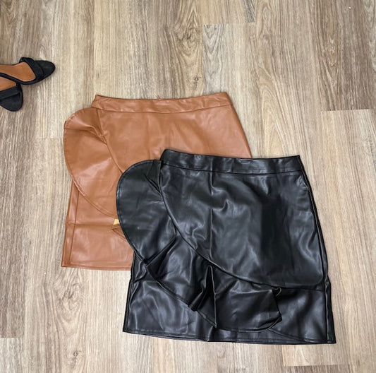 Camel Ruffle Leather Skirt